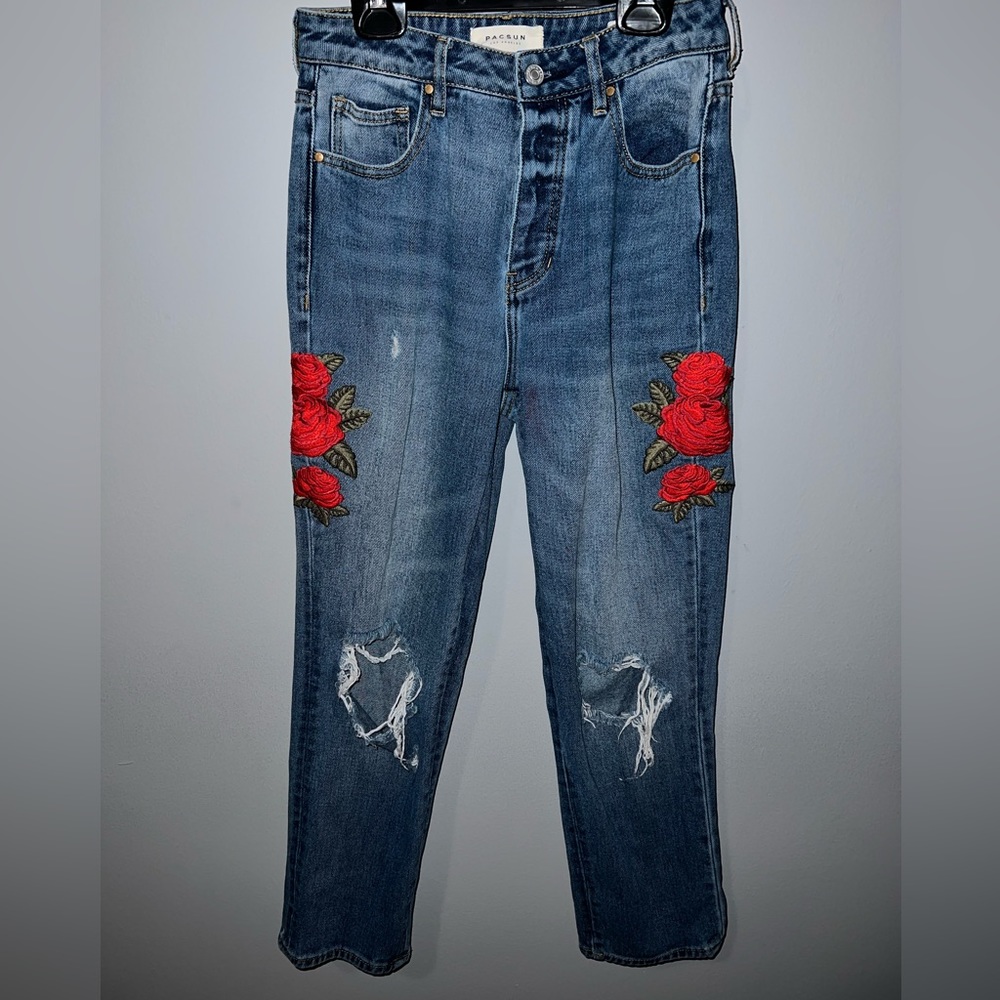 high rise straight embroidered jeans